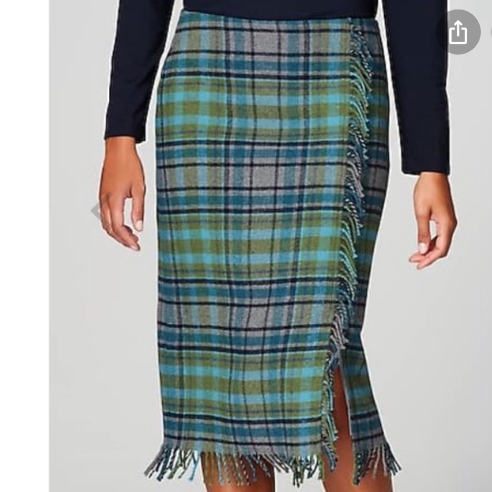 NWT J. Jill Grey Green Teal Navy Plaid Wool Blend  Asymmetric Fringe Blanke…